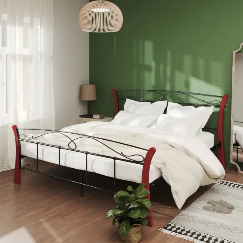 Comfortabel bedframe met massief eikenhout en gepoedercoat metaal - zwart en donkerhoutkleurig / 140 x 200 cm - Bedden