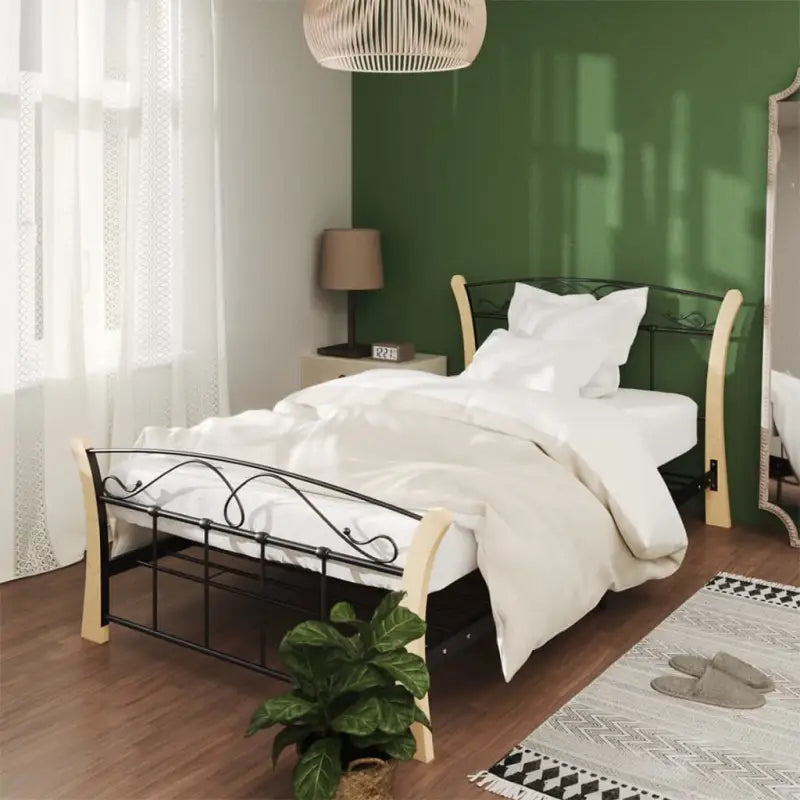 Comfortabel eenpersoons bedframe met massief eikenhout en gepoedercoat metaal - Zwart en lichtbruin / 100 x 200 cm