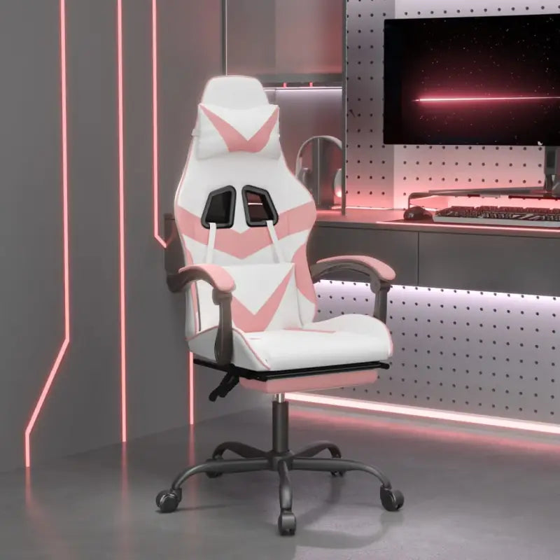 Comfortabele gamestoel met duurzaam kunstleer en vlekbestendige afwerking - Wit en roze / 1 / Met voetensteun