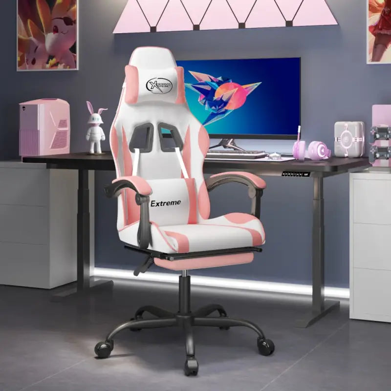 Comfortabele gamestoel van duurzaam kunstleer voor optimale zitervaring - Wit en roze / 1 / Met voetensteun