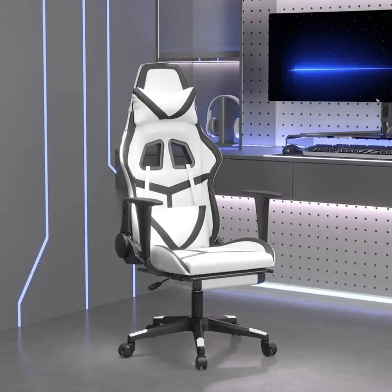 Comfortabele Gamingstoel met duurzaam kunstleer en vlekbestendige afwerking - Wit en zwart / 1 / Met voetensteun