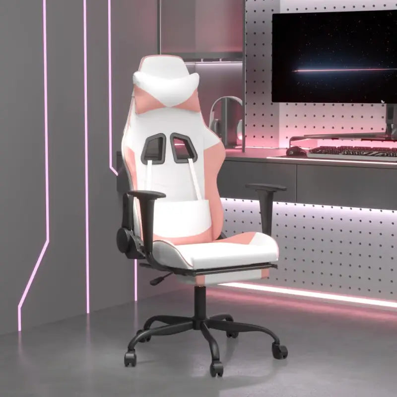 Comfortabele gamingstoel met duurzaam kunstleer en vlekbestendige afwerking - Wit en roze / 1 / Met voetensteun