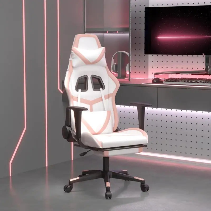 Comfortabele Gamingstoel met duurzaam kunstleer en vlekbestendige afwerking - Wit en roze / 1 / Met voetensteun