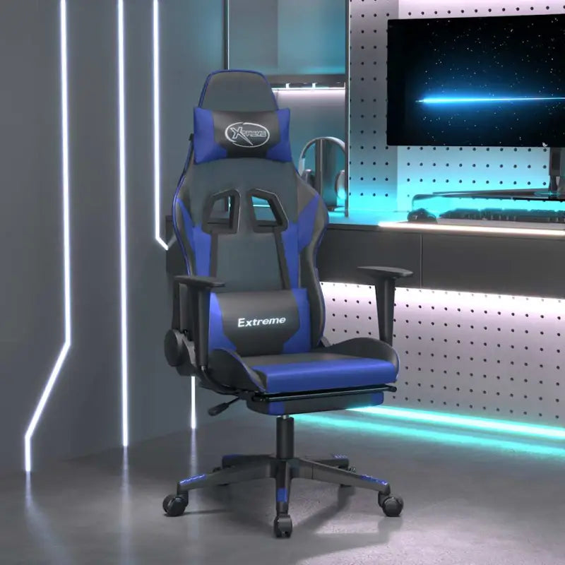 Comfortabele gamingstoel met duurzaam kunstleer en vlekbestendige afwerking - Zwart en blauw / 1 / Met voetensteun