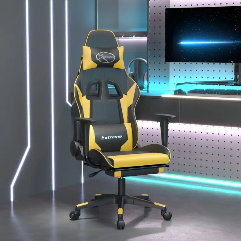 Comfortabele Gamingstoel met duurzaam kunstleer en vlekbestendige bekleding - Zwart en goud / 1 / Met voetensteun