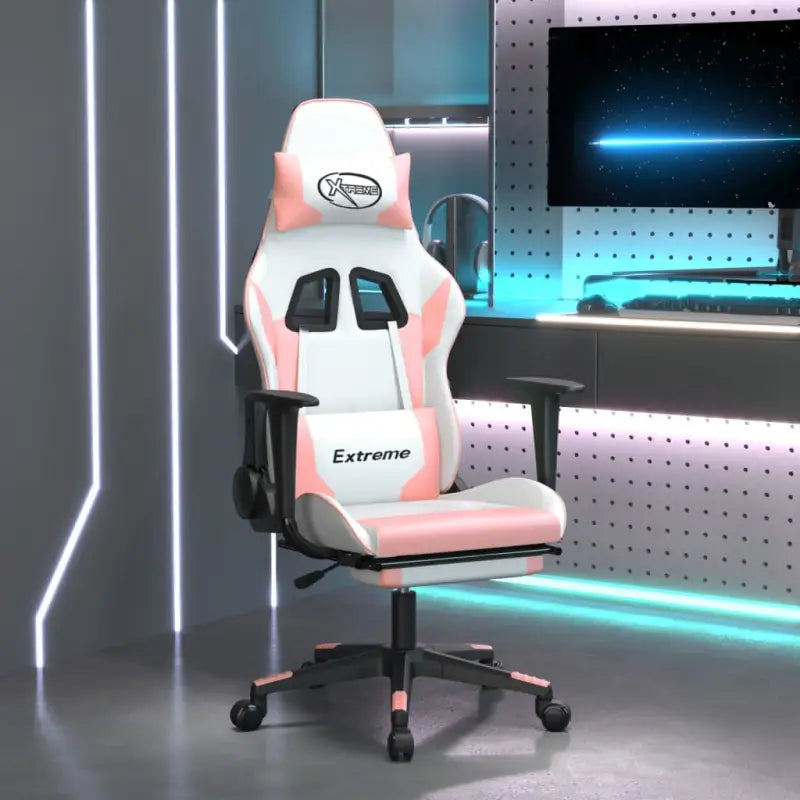 Comfortabele Gamingstoel met duurzaam kunstleer en vlekbestendige bekleding - Wit en roze / 1 / Met voetensteun