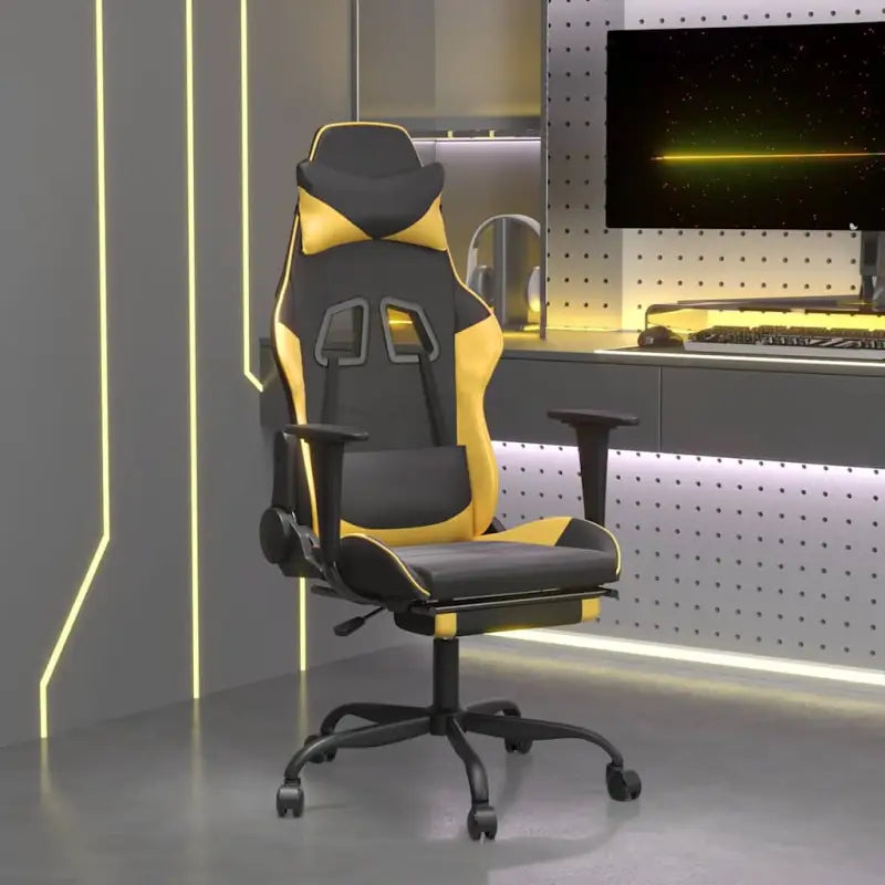 Comfortabele gamingstoel met duurzaam vlekbestendig kunstleer - Zwart en goud / 1 / Met voetensteun - Gamingstoelen