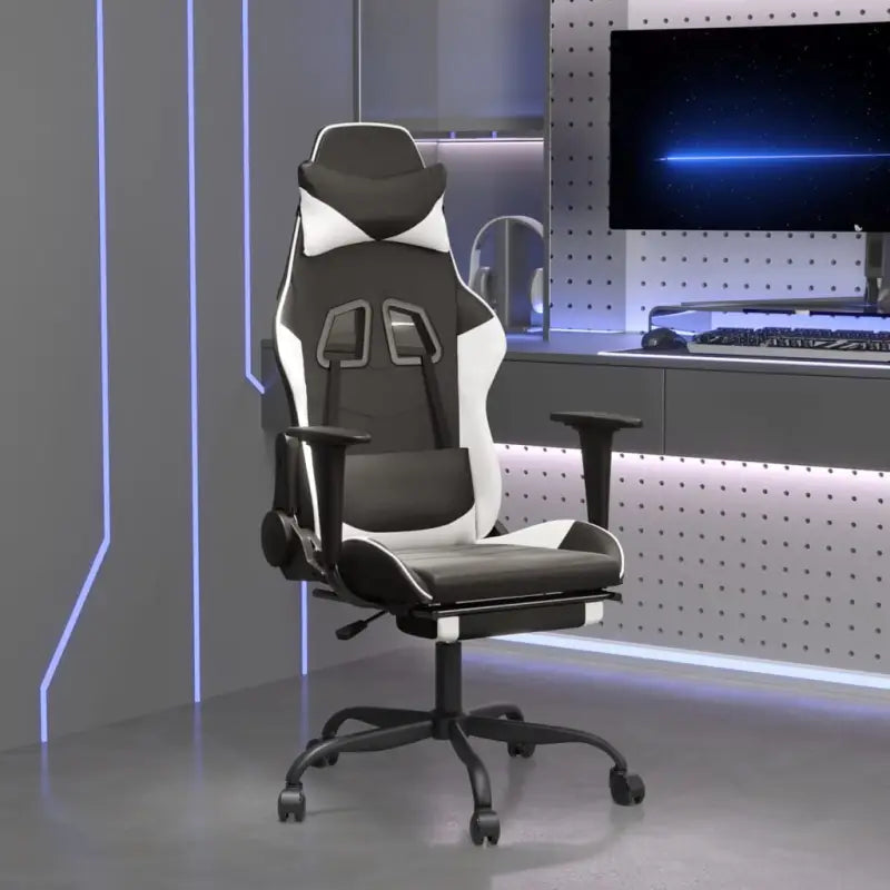 Comfortabele gamingstoel met duurzaam vlekbestendig kunstleer - Zwart en wit / 1 / Met voetensteun - Gamingstoelen