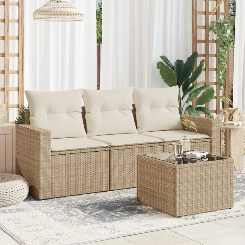 Comfortabele tuinset met poly rattan en gepoedercoat staal afmetingen - beige en crèmekleurig / Met tafel - Tuinsets