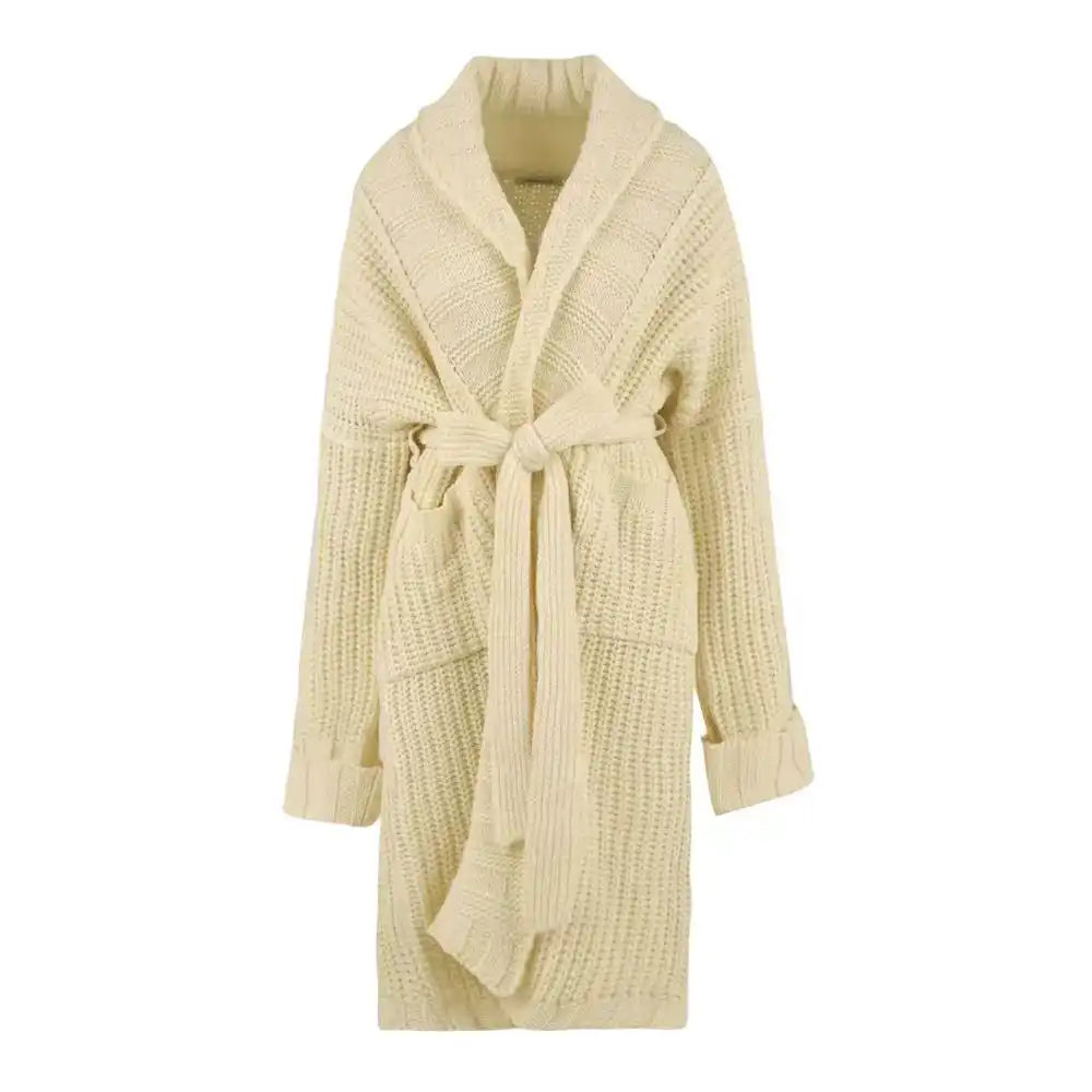 Cream-colored knit bathrobe with a shawl collar and waist tie.