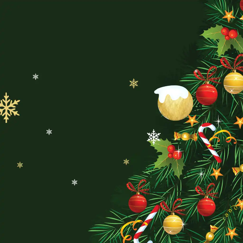 Decorated Christmas tree with ornaments, candy canes, stars, and snowflakes.