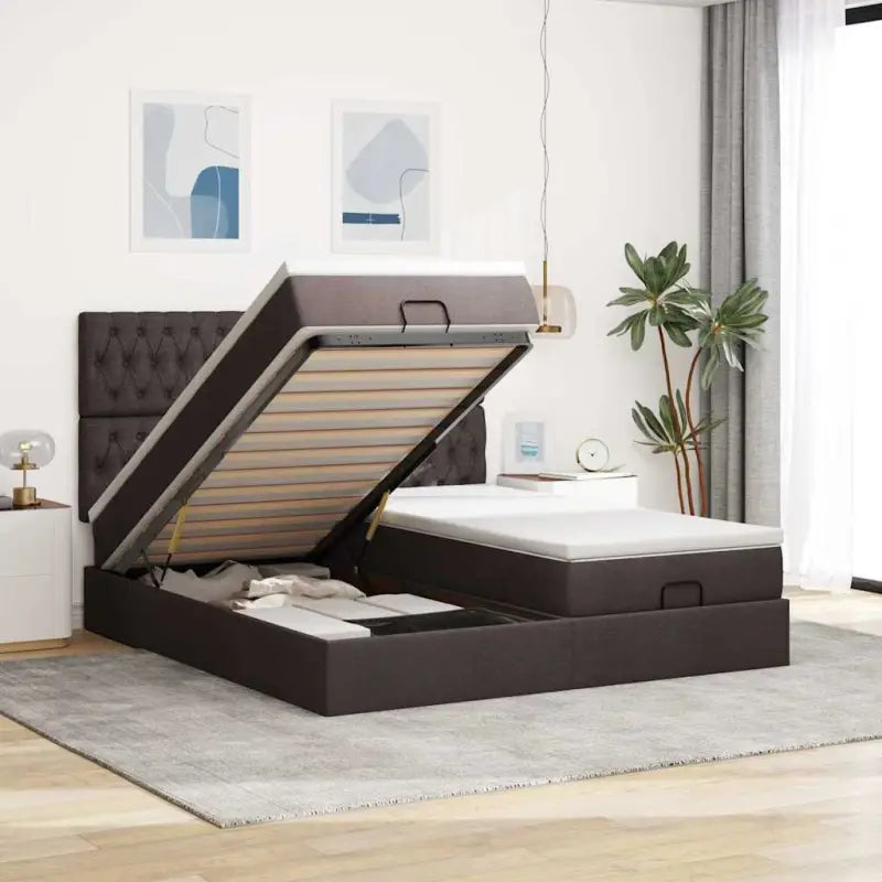 Donkerbruin ottomaans bed met ruime opbergruimte en comfort - Donkerbruin / 160 x 200 cm / Getuft ontwerp - Bedden &