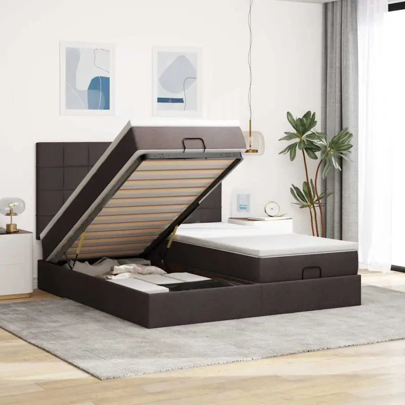 Donkerbruin ottomaans bed met ruime opbergruimte en comfort - Donkerbruin / 160 x 200 cm / Blok met vierkanten - Bedden