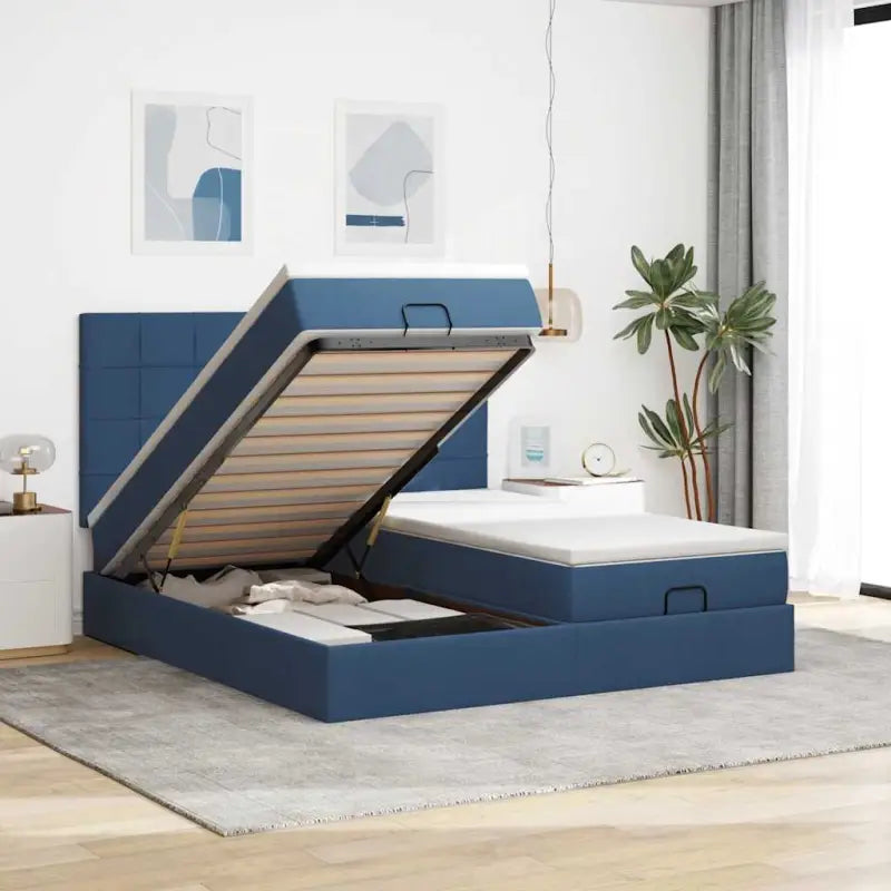 Donkerbruin ottomaans bed met ruime opbergruimte en comfort - Blauw / 200 x 200 cm / Blok met vierkanten - Bedden &