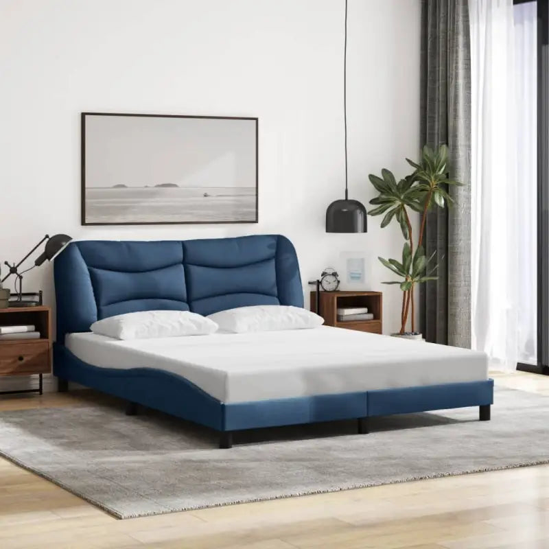 Donkergrijs bedframe met hoofdeinde en multiplex lattenbodem - Blauw / 160 x 200 cm - Bedden & bedframes