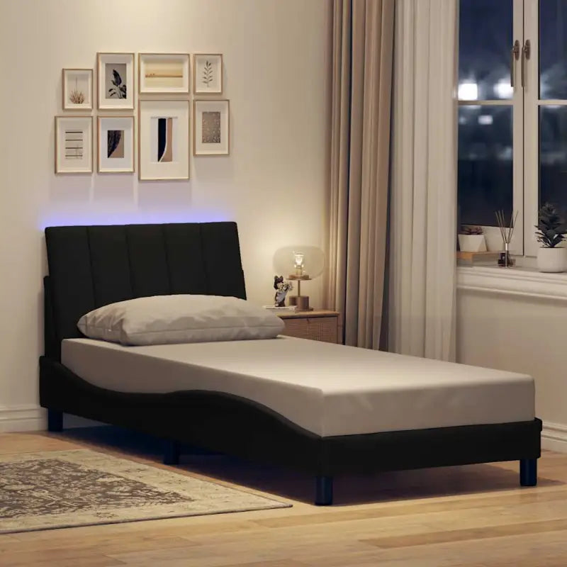 Donkergrijs bedframe met multiplex lattenbodem en hoofdeindekussen - Zwart / 90 x 200 cm - Bedden & bedframes