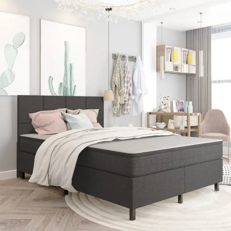 Donkergrijs materiaal boxspring met elegant ontwerp voor slaapkamer - 140 x 200 cm / Vierkant hoofdeinde + 35,5 cm