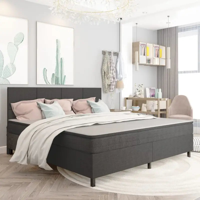 Donkergrijs materiaal boxspring met elegant ontwerp voor slaapkamer - 200 x 200 cm / Vierkant hoofdeinde + 35,5 cm