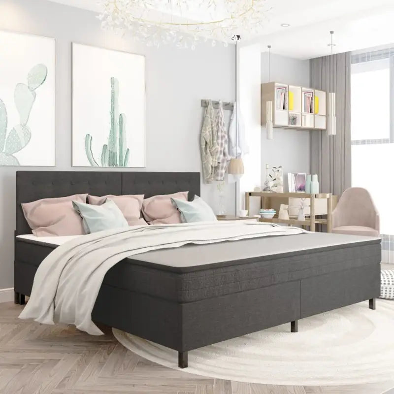 Donkergrijs materiaal boxspring met elegant ontwerp voor slaapkamer - 200 x 200 cm / Gecapitonneerd hoofdeinde + 35,5