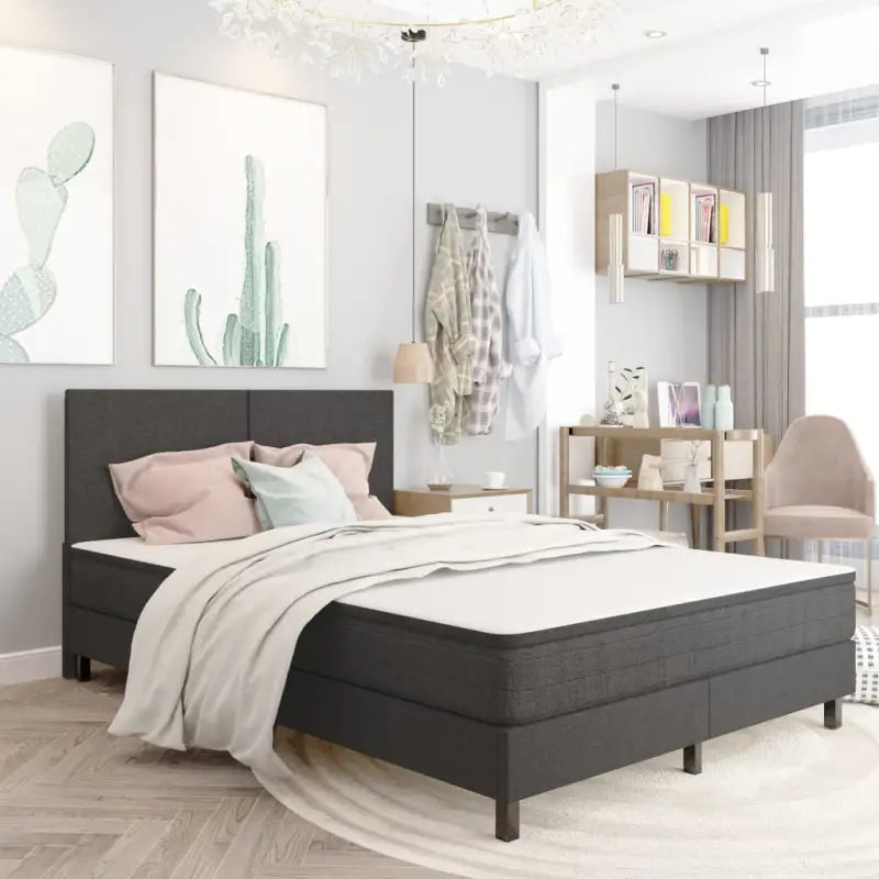 Donkergrijs materiaal boxspring met elegant ontwerp voor slaapkamer - 140 x 200 cm / Effen hoofdeinde + 24,5 cm