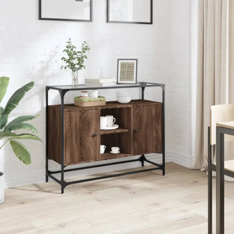 Dressoir met glazen blad en tijdloze uitstraling van duurzaam bewerkt hout - bruin eikenkleur / 1 - Dressoirs &