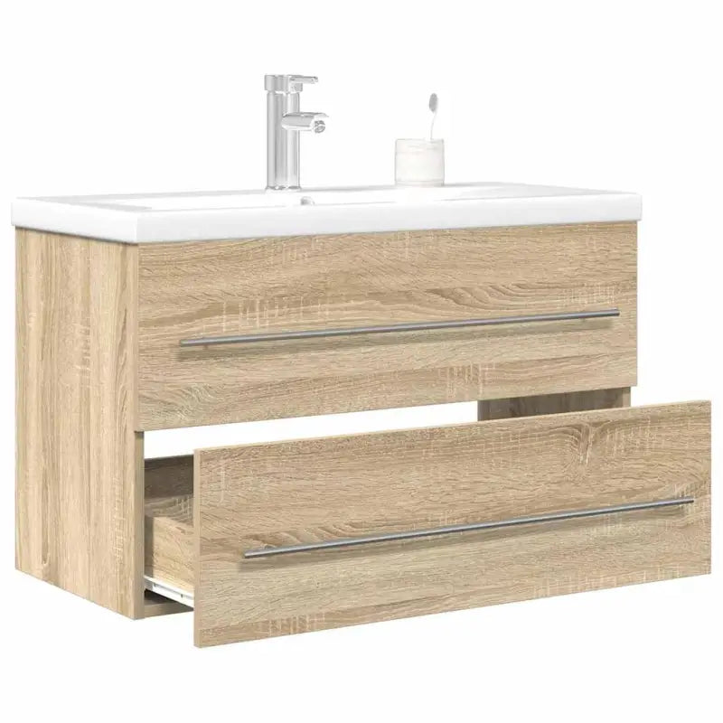 Duurzaam badkamermeubelset met bewerkt hout en ruime afmetingen - Sonoma eiken / 80 x 38.5 x 48 cm / met kraan