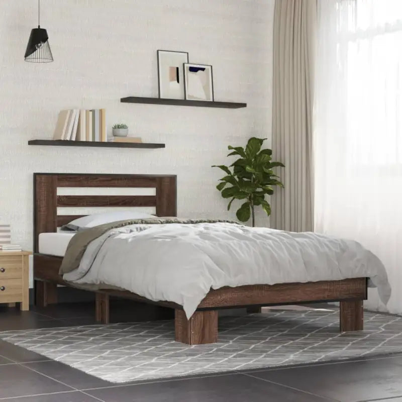 Duurzaam bedframe met bewerkt hout en multiplex lattenbodem - bruin eikenkleur / 90 x 190 cm - Bedden & bedframes