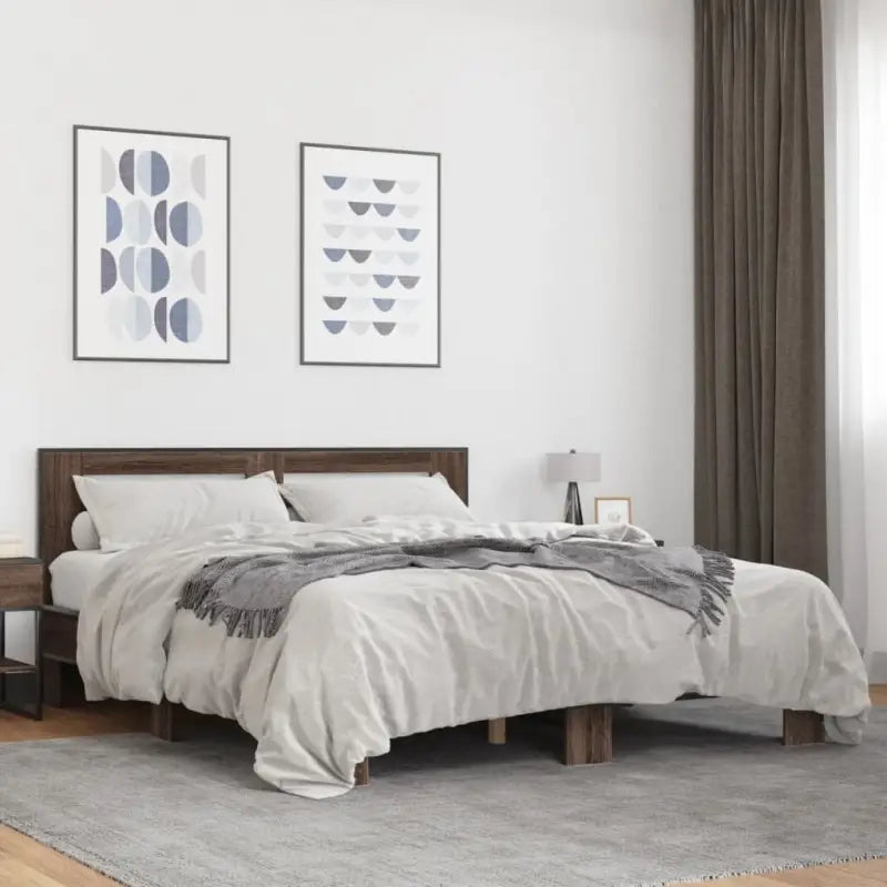 Duurzaam bedframe met bewerkt hout en multiplex lattenbodem - bruin eikenkleur / 160 x 200 cm - Bedden & bedframes