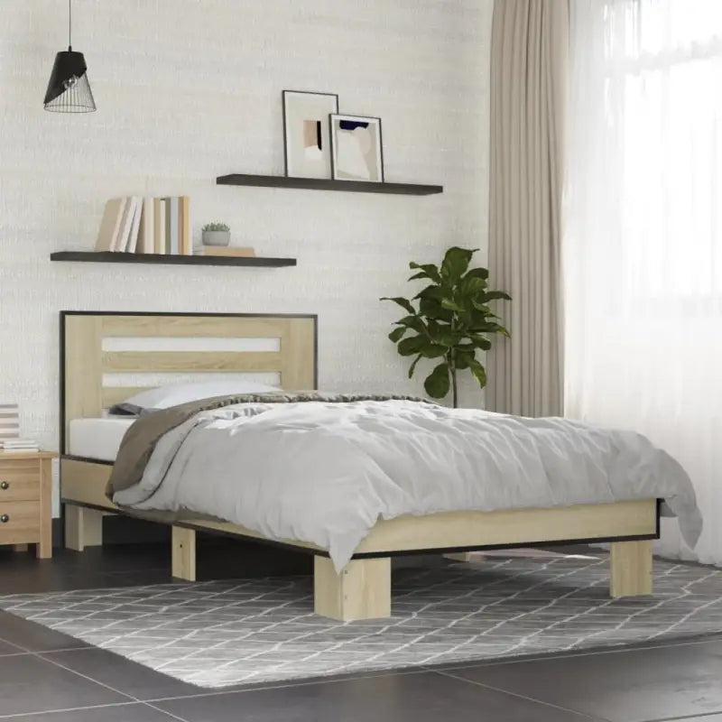 Duurzaam bedframe met bewerkt hout en multiplex lattenbodem - Sonoma eiken / 75 x 190 cm - Bedden & bedframes