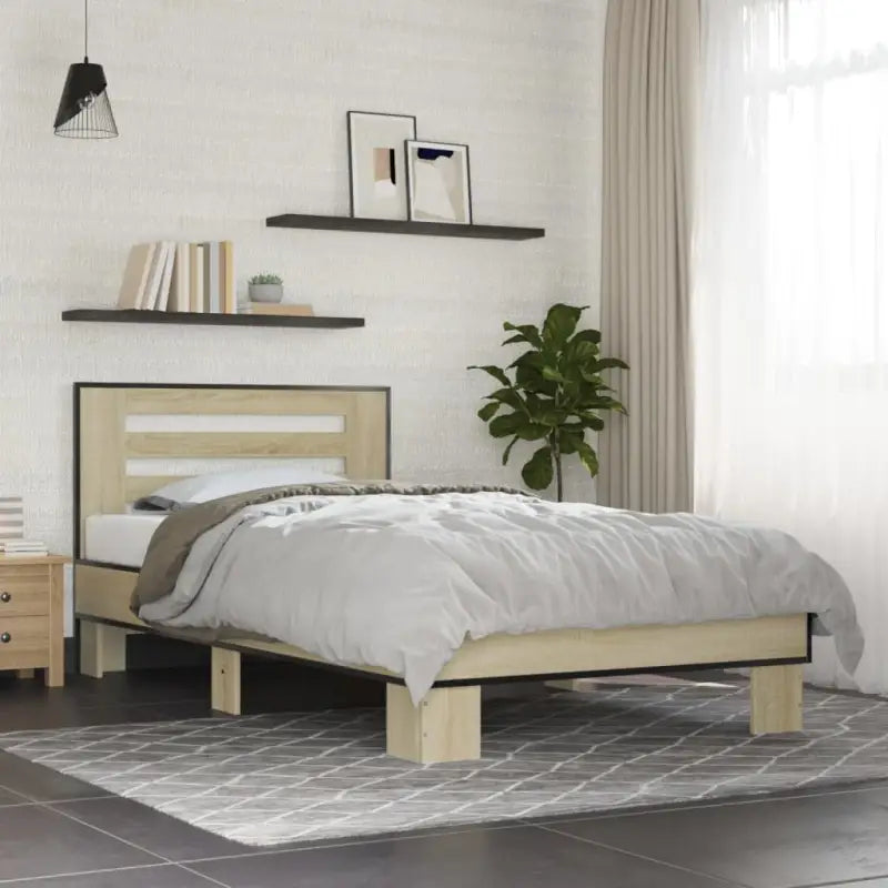 Duurzaam bedframe met bewerkt hout en multiplex lattenbodem - Sonoma eiken / 90 x 200 cm - Bedden & bedframes