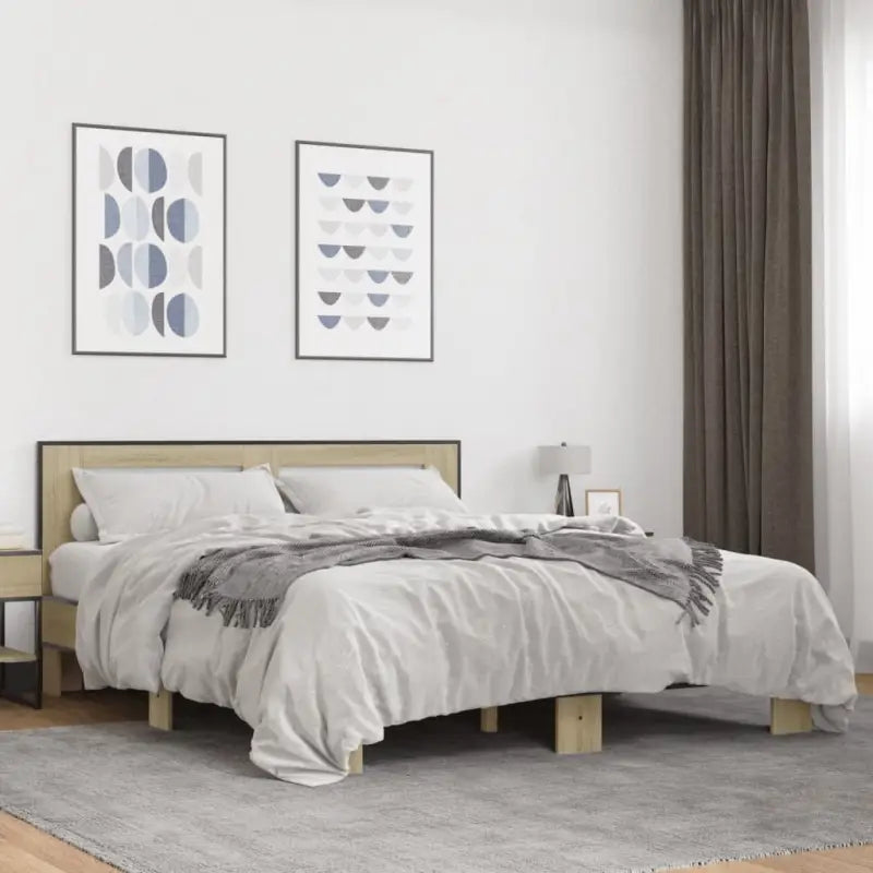 Duurzaam bedframe met bewerkt hout en multiplex lattenbodem - Sonoma eiken / 150 x 200 cm - Bedden & bedframes