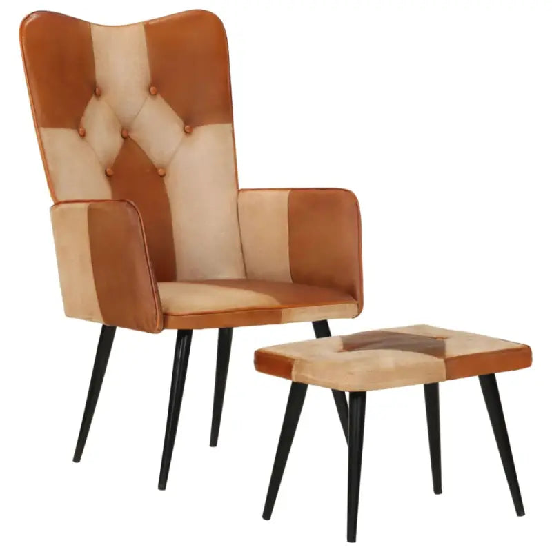 Echt leer fauteuil met voetenbank voor ontspanning in woonkamer of slaapkamer - Bruin / 1 / Echt leer en canvas