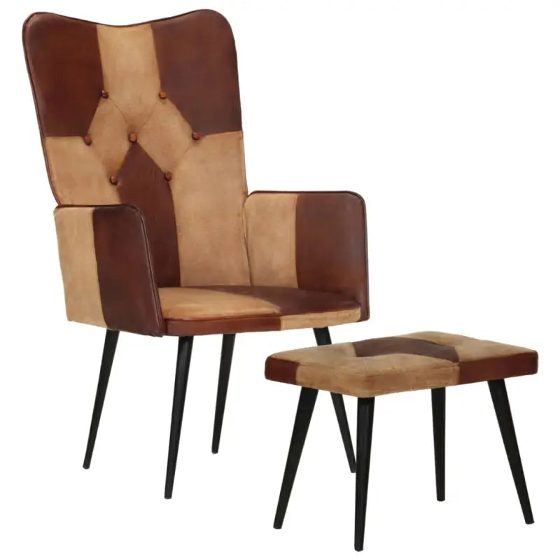 Echt leer fauteuil met voetenbank voor ontspanning in woonkamer of slaapkamer - Donkerbruin / 1 / Echt leer en canvas
