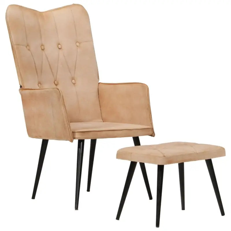 Echt leer fauteuil met voetenbank voor ontspanning in woonkamer of slaapkamer - Crème / 1 / Canvas - Fauteuils &