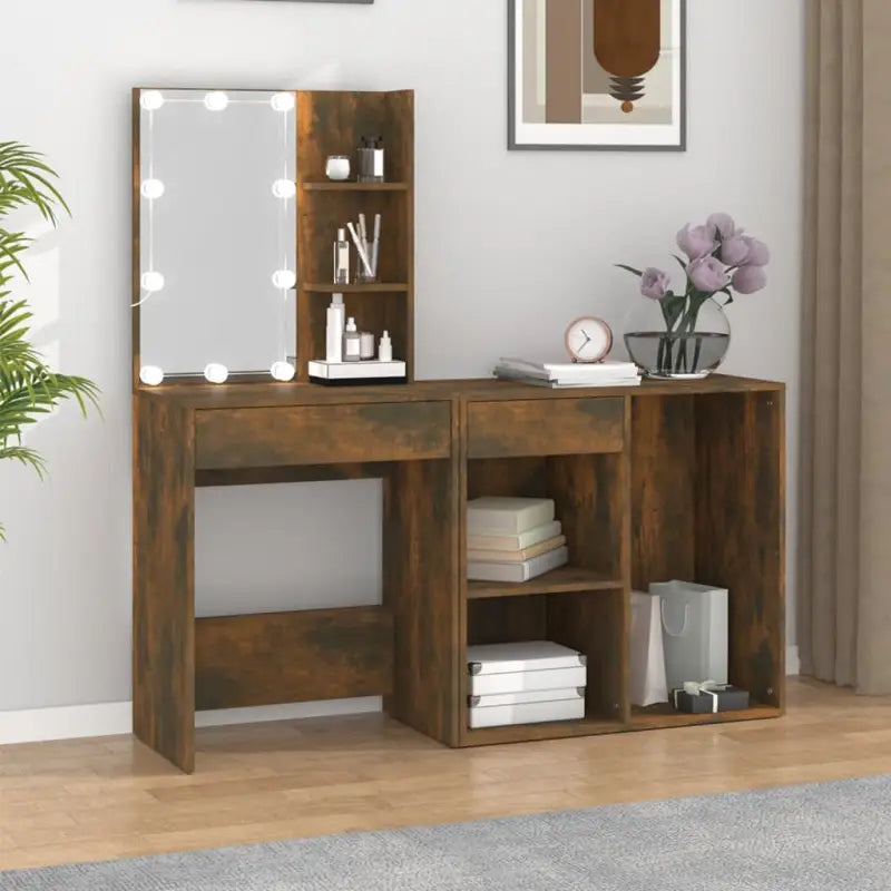 Eenvoudige LED-kaptafel met kastje van bewerkt hout voor de slaapkamer - Gerookt eiken / 1 - Slaapkamerkaptafels
