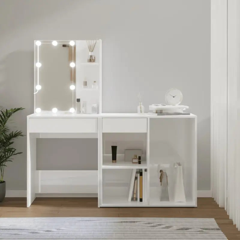 Eenvoudige LED-kaptafel met kastje van bewerkt hout voor de slaapkamer - Hoogglans wit / 1 - Slaapkamerkaptafels