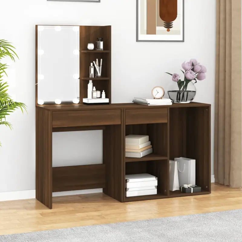 Eenvoudige LED-kaptafel met kastje van bewerkt hout voor de slaapkamer - bruin eikenkleur / 1 - Slaapkamerkaptafels