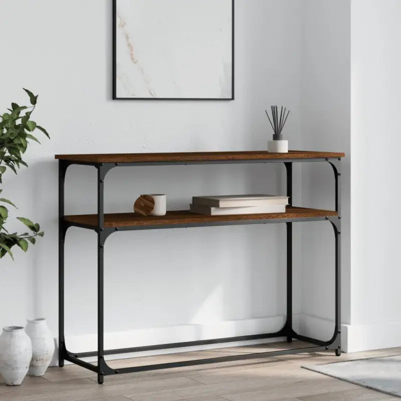 Eenvoudige wandtafel met bewerkt hout en metalen frame - bruin eikenkleur / 1 / 100 cm - Bijzettafels