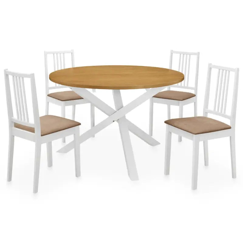 Eetkamer set met massief rubberwood inclusief levering bevat - Bruin en wit / 5 - Eetkamersets