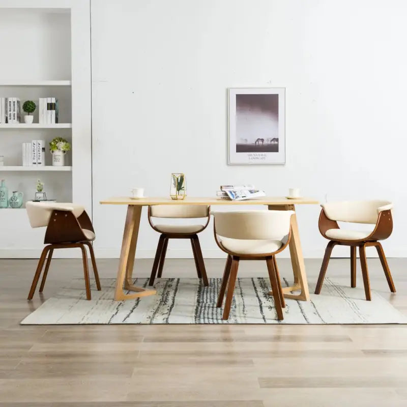 Eetkamerstoelen set met gebogen hout en eenvoudig te reinigen kunstleer - Crème en donkerbruin / 4 - Eetkamerstoelen