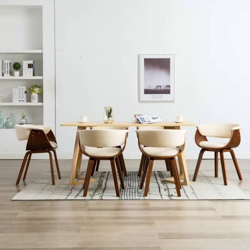 Eetkamerstoelen set met gebogen hout en eenvoudig te reinigen kunstleer - Crème en donkerbruin / 6 - Eetkamerstoelen