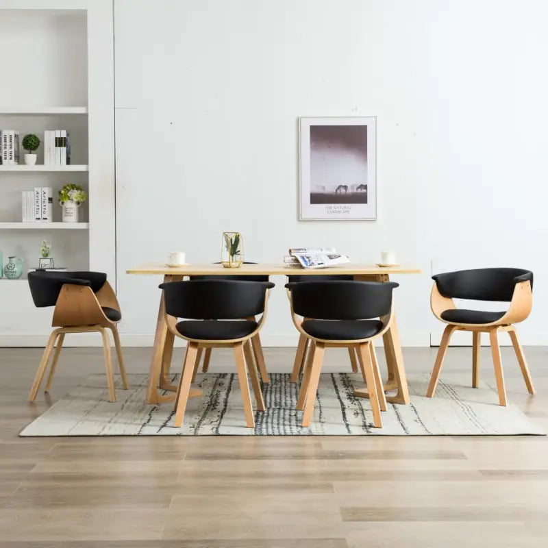 Eetkamerstoelen set met gebogen hout en eenvoudig te reinigen kunstleer - Zwart en lichtbruin / 6 - Eetkamerstoelen