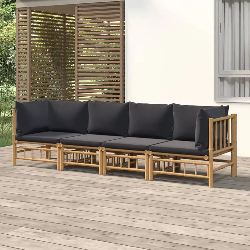 Elegante bamboe tuinset met comfortabele afmeting zitting en rugkussen - Donkergrijs / 2x hoek + 2x midden - Tuinsets
