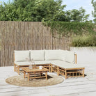 Elegante bamboe tuinset met comfortabele afmeting zitting en rugkussen - Crème / hoek + 3x midden + voetensteun + Tafel