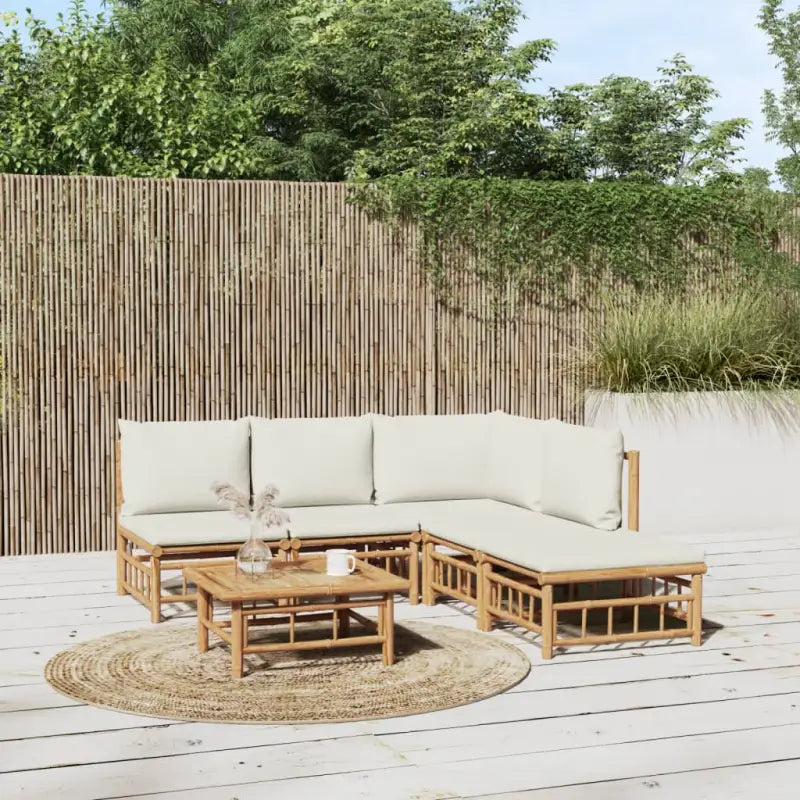 Elegante bamboe tuinset met comfortabele afmeting zitting en rugkussen - Crème / hoek + 3x midden + voetensteun + Tafel