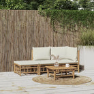 Elegante bamboe tuinset met comfortabele afmeting zitting en rugkussen - Crème / hoek + midden + voetensteun - Tuinsets