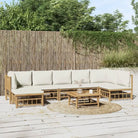 Elegante bamboe tuinset met comfortabele afmeting zitting en rugkussen - Crème / 2x hoek + 4x midden + voetensteun