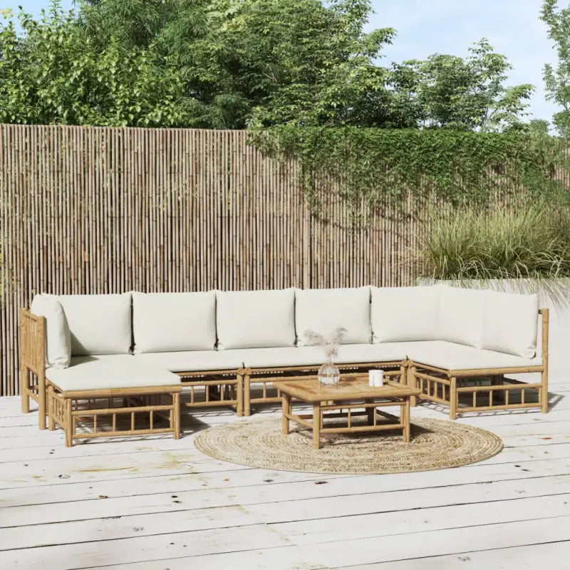 Elegante bamboe tuinset met comfortabele afmeting zitting en rugkussen - Crème / 2x hoek + 4x midden + voetensteun
