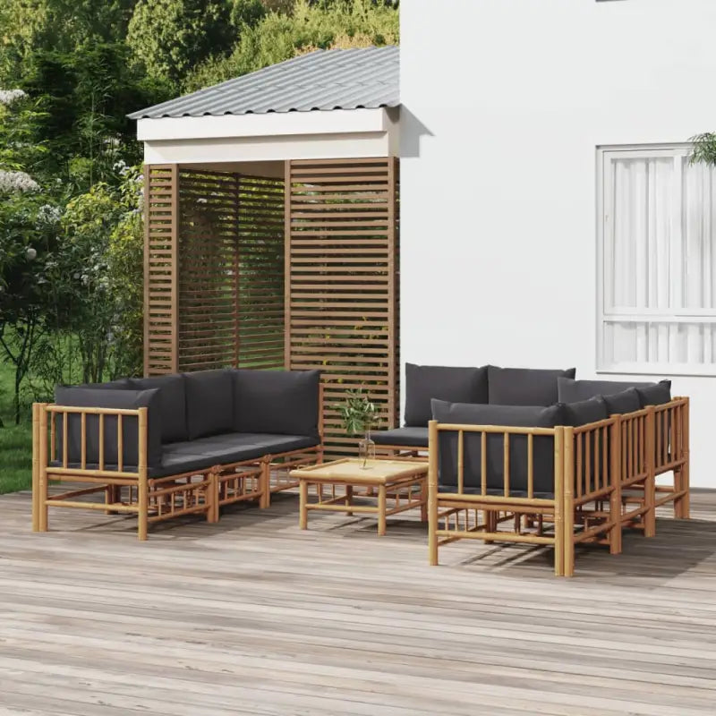 Elegante bamboe tuinset met comfortabele afmeting zitting en rugkussen - Donkergrijs / 4x hoek + 4x midden + Tafel