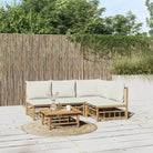 Elegante bamboe tuinset met comfortabele afmeting zitting en rugkussen - Crème / hoek + 3x midden + Tafel - Tuinsets